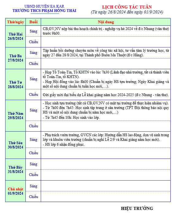Lịch công tác tuần (từ ngày 26/8/2024 – 01/9/2024)