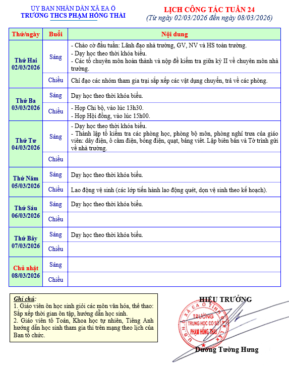 Lịch công tác tuần (từ ngày 02/3/2026 – 08/3/2026) Lịch công tác tuần (từ ngày 02/3/2026 – 08/3/2026)