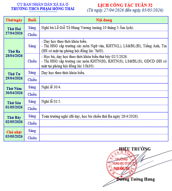 Lịch công tác tuần (từ ngày 27/4/2026 – 03/5/2026)